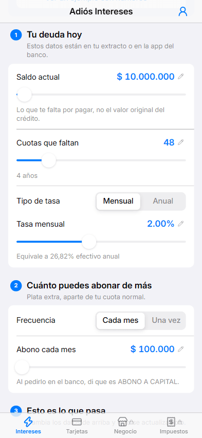 Pantalla para ingresar saldo, tasa y plazo del crédito