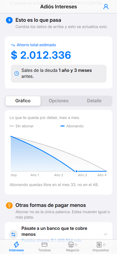 La app mostrando un ahorro de $2.012.336 al abonar a capital