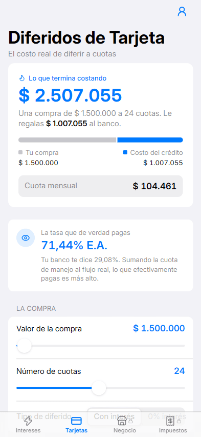 La app mostrando que una compra de $1.500.000 a 24 cuotas termina costando $2.507.055