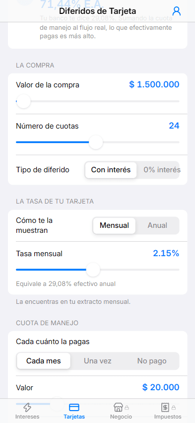 Pantalla para ingresar el valor de la compra, las cuotas y la tasa