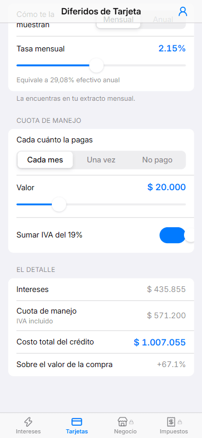 Detalle con intereses, cuota de manejo y costo total del crédito